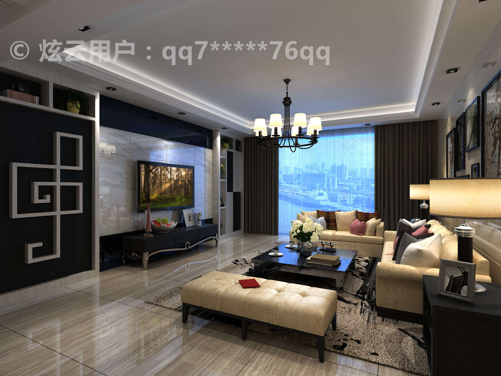 现代简约风格客厅3D渲染效果图，分辨率2000*1500