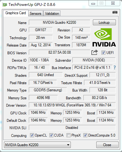 NVIDIA K2200的GPU-Z的截图